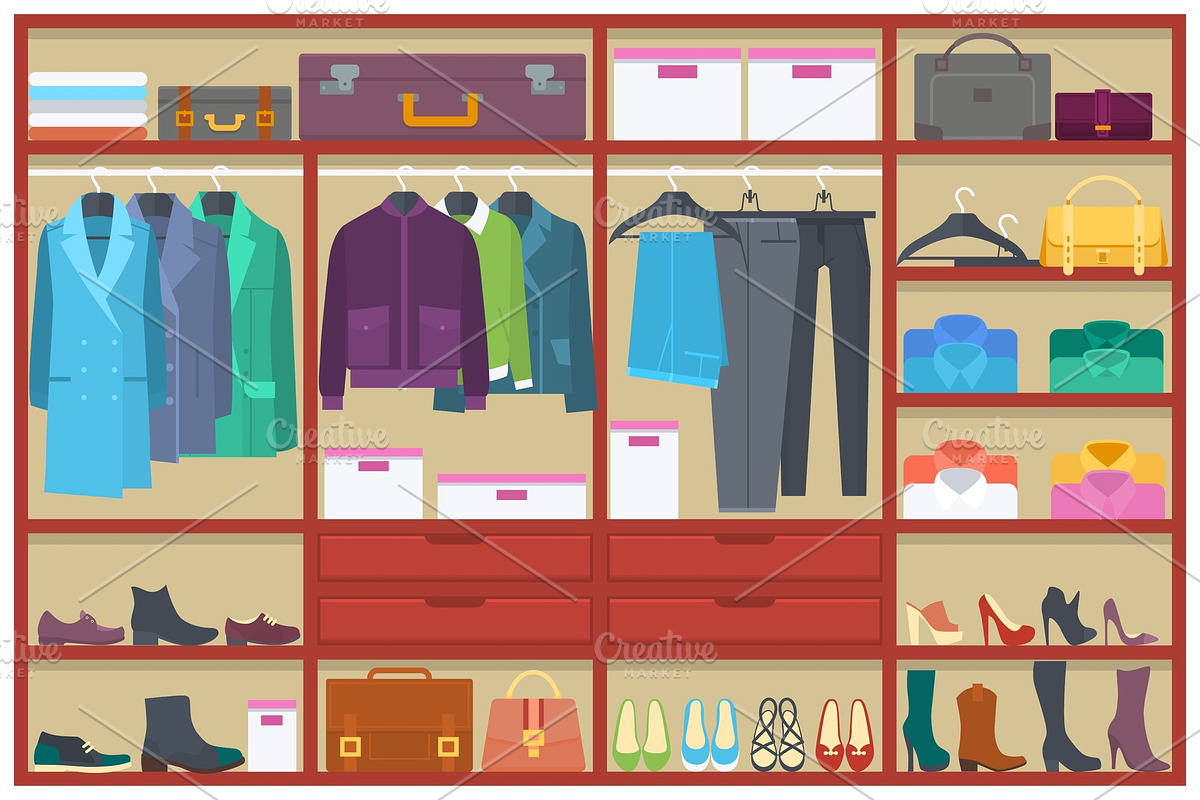 Wardrobe room full of clothes.Flat vector illustration | Custom ...