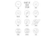 Cute coloring pages of smiling cartoon characters of planets of solar system. Childish background