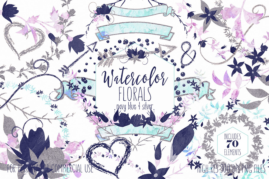 Watercolor Floral Navy Blue & Silver in Illustrations - product preview 8
