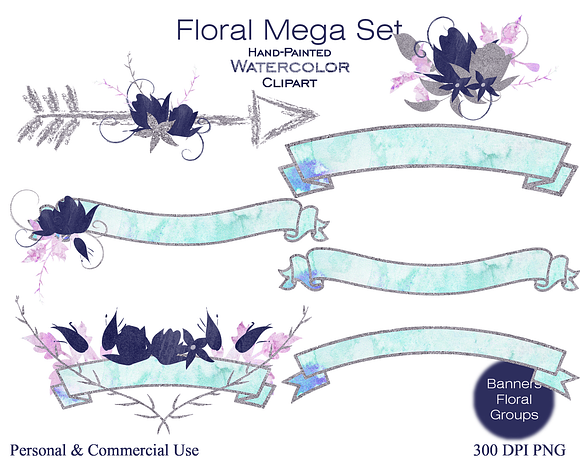 Watercolor Floral Navy Blue & Silver in Illustrations - product preview 1