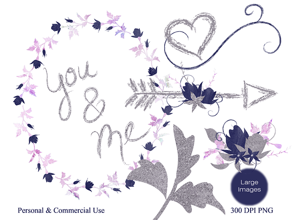 Watercolor Floral Navy Blue & Silver in Illustrations - product preview 3