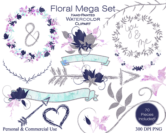 Watercolor Floral Navy Blue & Silver in Illustrations - product preview 5