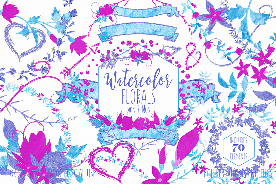 Pink & Blue Watercolor Floral Set in Illustrations - product preview 8