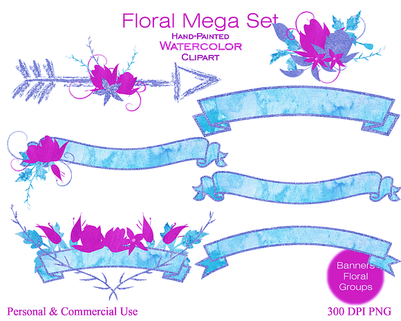 Pink & Blue Watercolor Floral Set in Illustrations - product preview 1