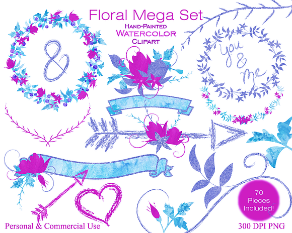 Pink & Blue Watercolor Floral Set in Illustrations - product preview 5