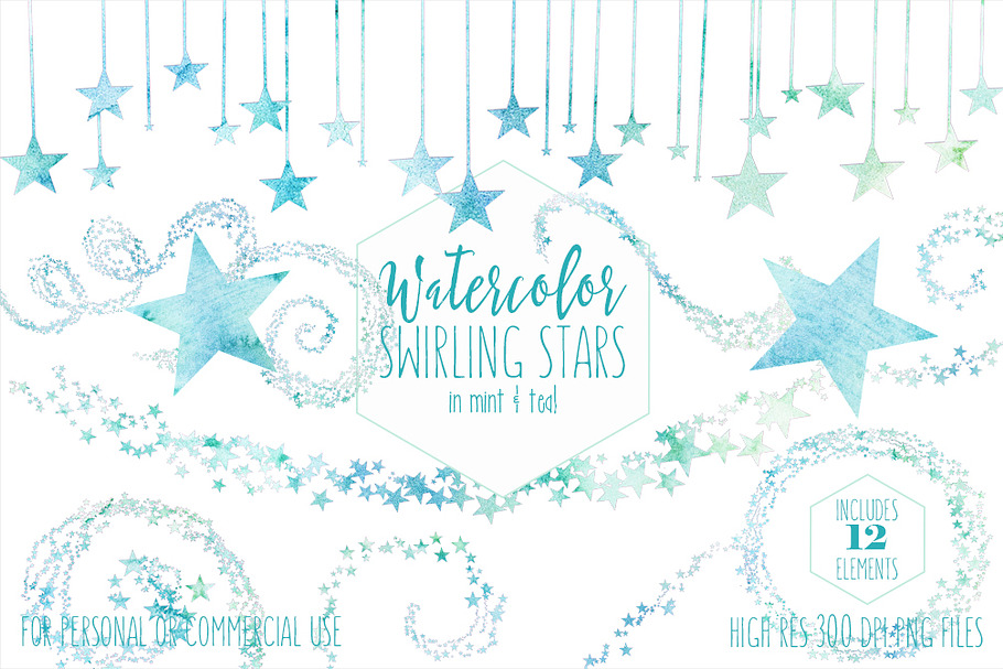 Teal & Mint Watercolor Star Clipart