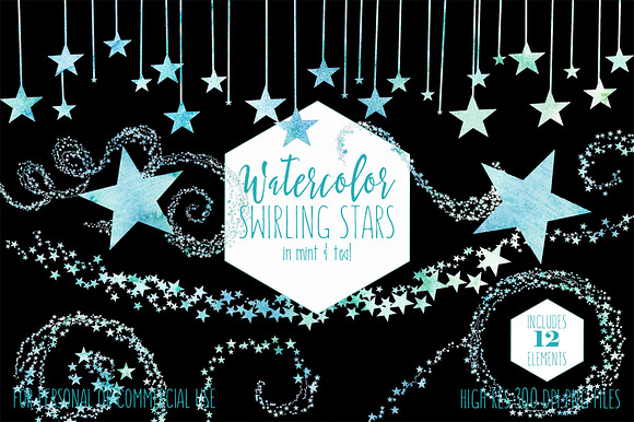 Teal & Mint Watercolor Star Clipart in Illustrations - product preview 1