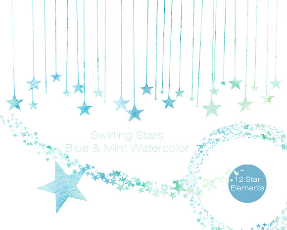 Teal & Mint Watercolor Star Clipart in Illustrations - product preview 4