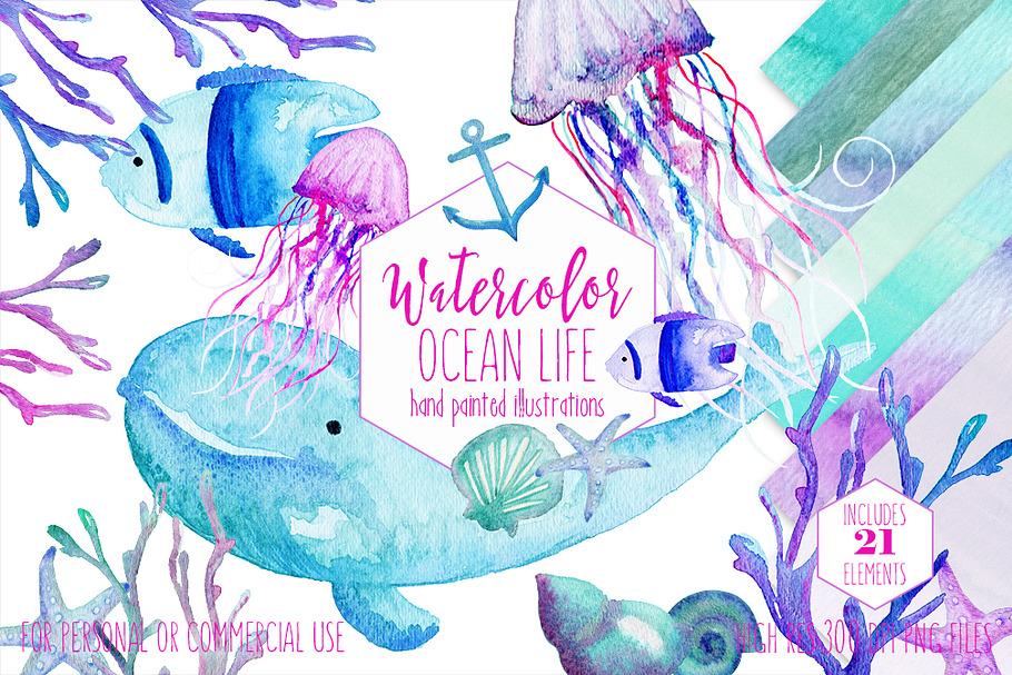 Watercolor Ocean Life Graphic Set