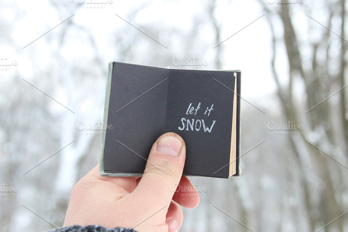 Let it snow lettering and Falling snow. Vintage book with inscription in Graphics - product preview 8