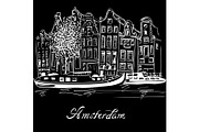 Vector Amsterdam canal and typical dutch houses