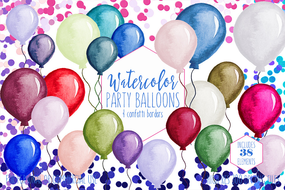 Watercolor Balloons & Confetti Set