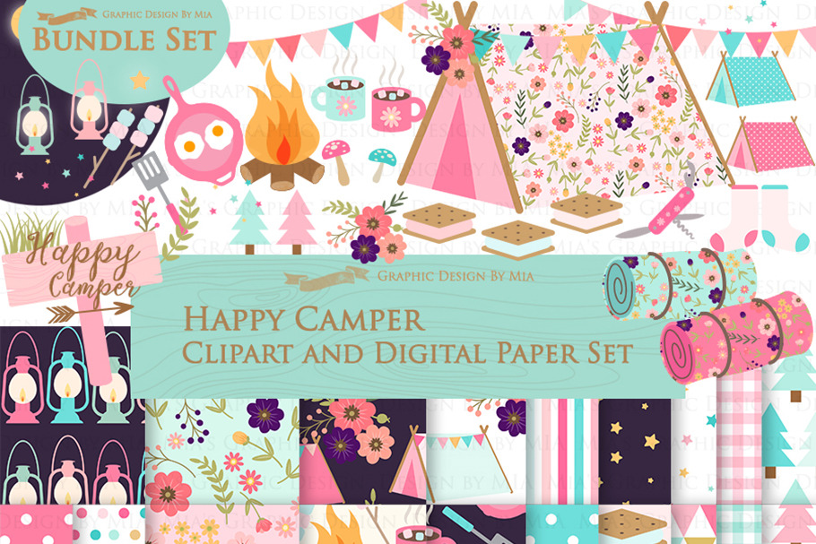 Happy Camper, Camping, Pink & Blue in Illustrations - product preview 8