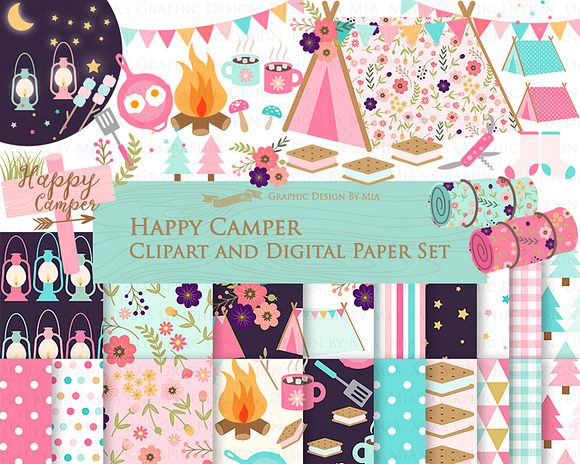 Happy Camper, Camping, Pink & Blue in Illustrations - product preview 1