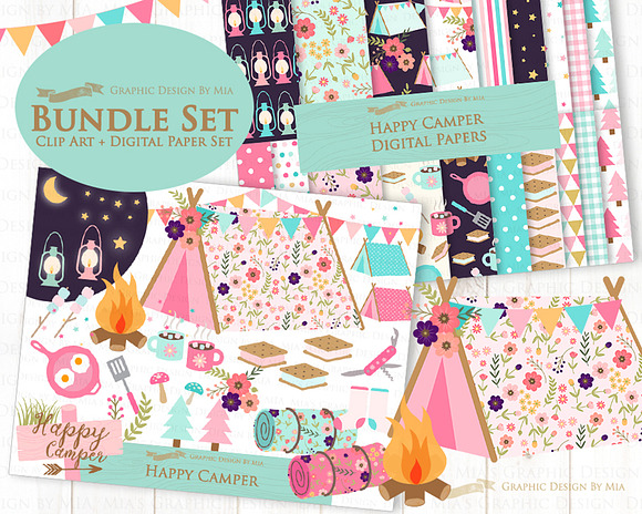 Happy Camper, Camping, Pink & Blue in Illustrations - product preview 2