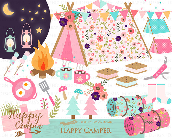 Happy Camper, Camping, Pink & Blue in Illustrations - product preview 3
