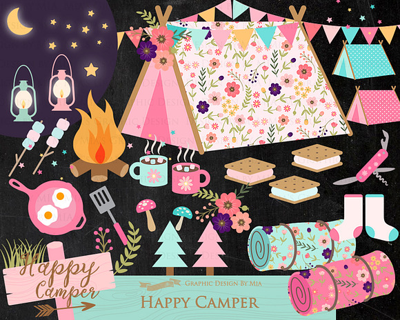 Happy Camper, Camping, Pink & Blue in Illustrations - product preview 4