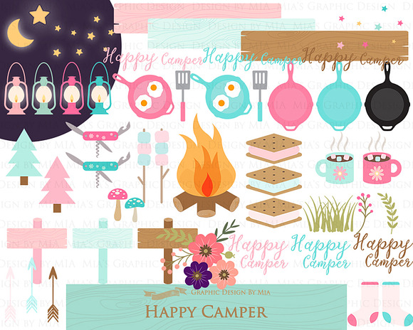 Happy Camper, Camping, Pink & Blue in Illustrations - product preview 6