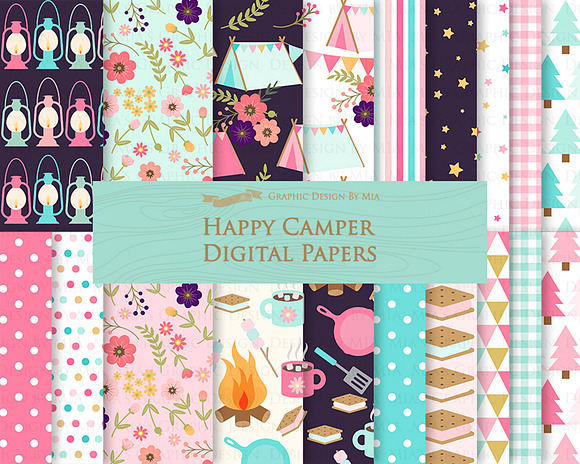 Happy Camper, Camping, Pink & Blue in Illustrations - product preview 7