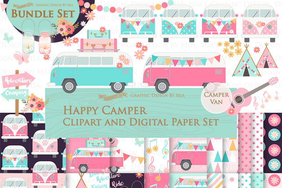Camping Van, Bug Bus, Pink & Blue in Illustrations - product preview 8