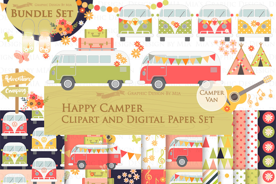 Camping Van, Bug Bus, Red & Green in Illustrations - product preview 8