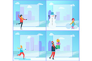 Figure-skating and Cityscape Vector Illustration