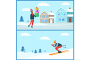 Skier and Man Holding Presents Vector Illustration