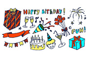 Happy Birthday and Fun Set Vector Illustration