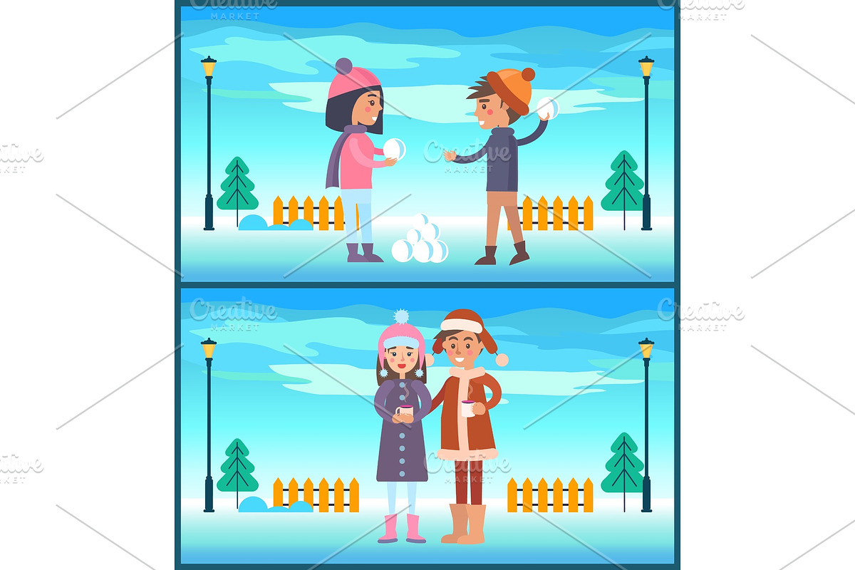 Happy Boy Girl Play Snowballs, Couple Drink Coffee in Illustrations - product preview 8
