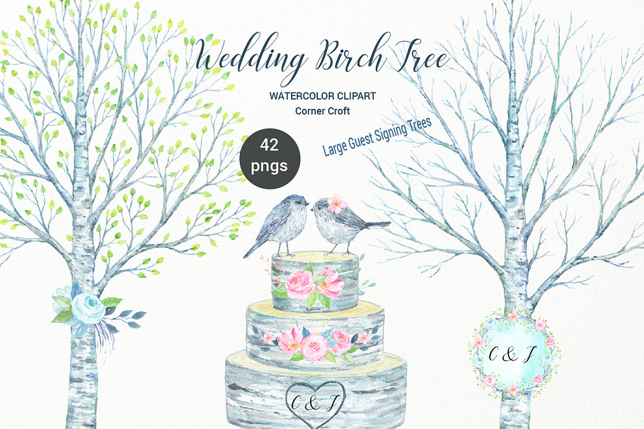 Watercolor Wedding Birch Tree in Illustrations - product preview 8