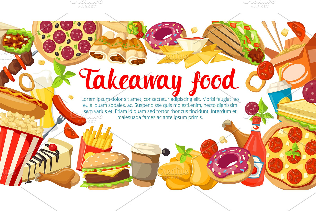 Fast food poster with frame of takeaway dishes in Illustrations - product preview 8