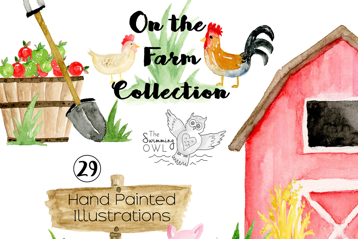 Farm Watercolor Clipart in Illustrations - product preview 8