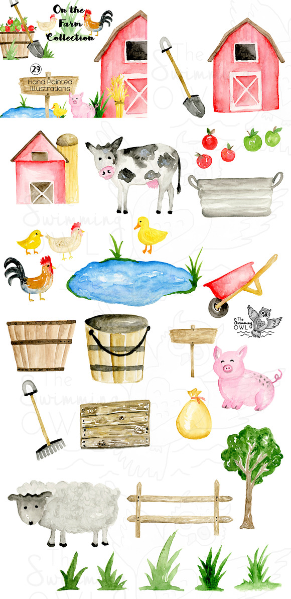 Farm Watercolor Clipart in Illustrations - product preview 1