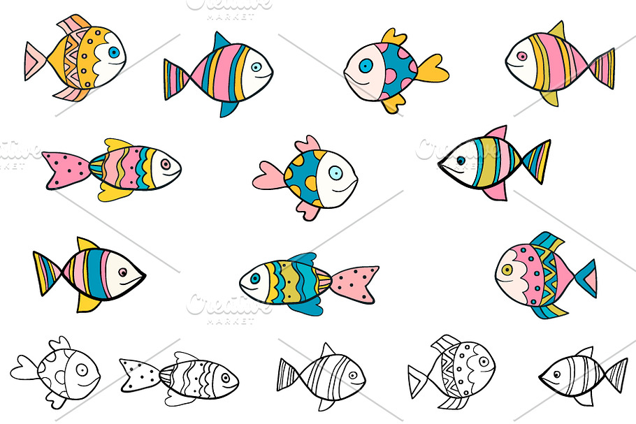 Hand drawn doodle fish clipart in Illustrations - product preview 8
