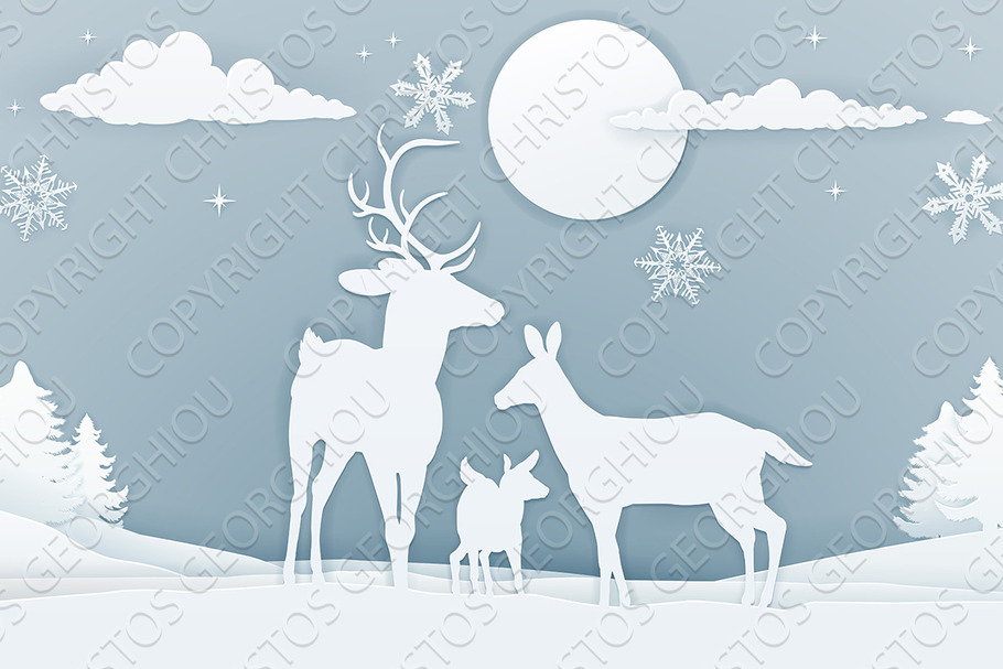 Deer Winter Scene Paper Art in Illustrations - product preview 8