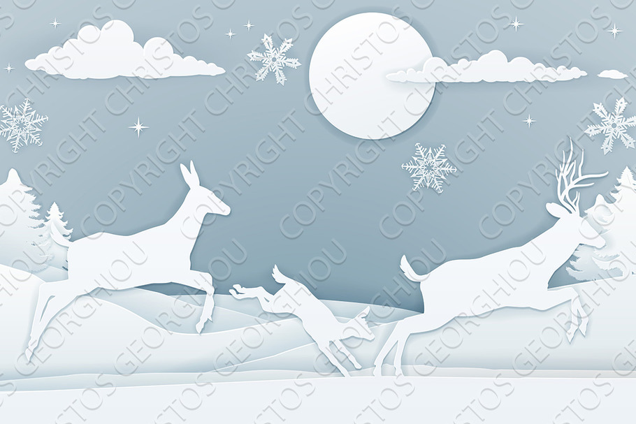 Winter Deer Scene Paper Art in Illustrations - product preview 8