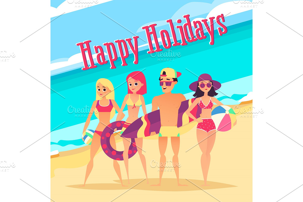 Happy holidays. Group of young people on beach in Graphics - product preview 8