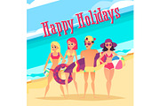 Happy holidays. Group of young people on beach