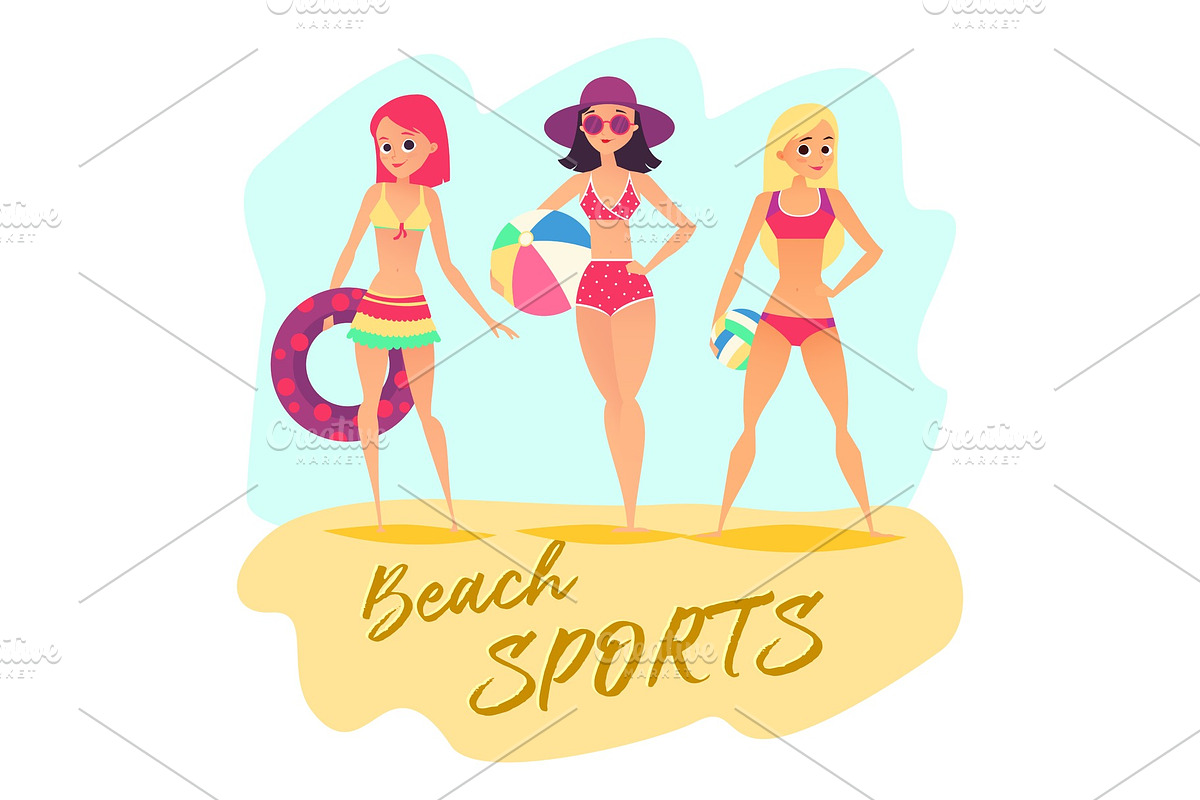 Three sport girls on beach. Summer sports in Graphics - product preview 8