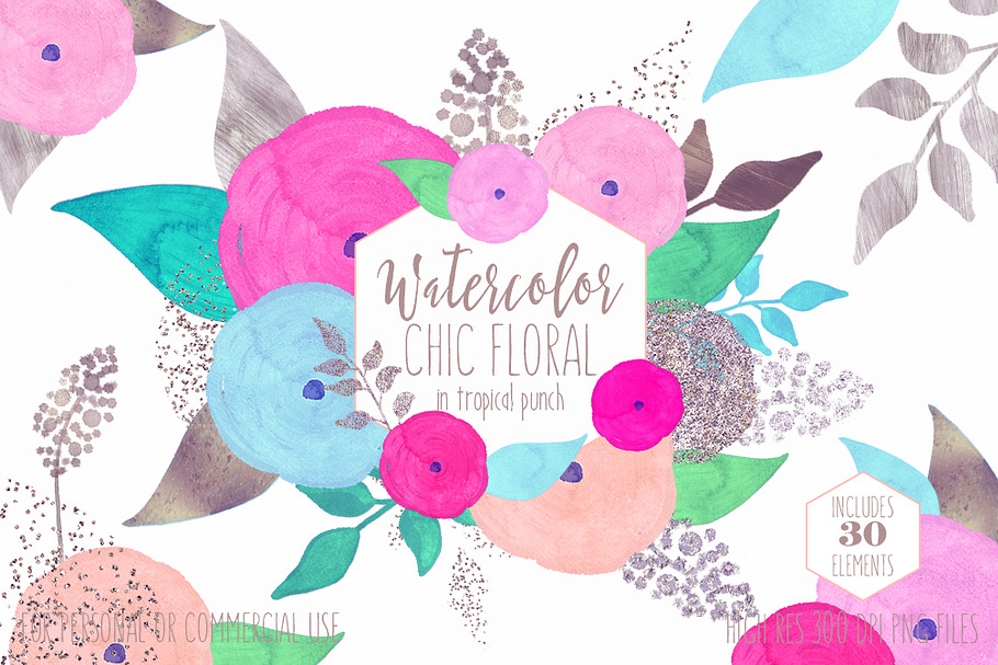 Pink & Blue Chic Watercolor Floral