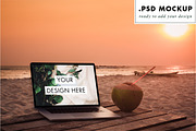 PSD laptop sunset beach