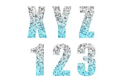 Beautiful trendy glitter alphabet letters and numbers with silver to blue ombre