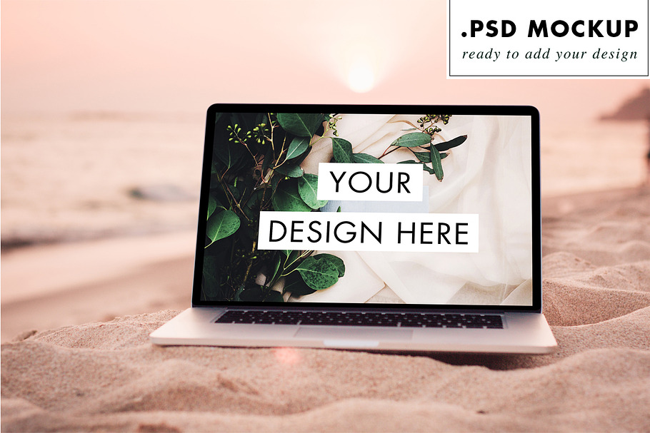 Macbook pro sand beach in Mobile & Web Mockups - product preview 8
