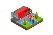 Isometric Express Delivery concept. Man accepting a delivery of boxes from a deliveryman. Vector illustration