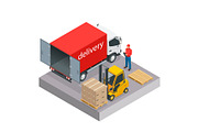 Isometric delivery and shipment service. Vector illustration
