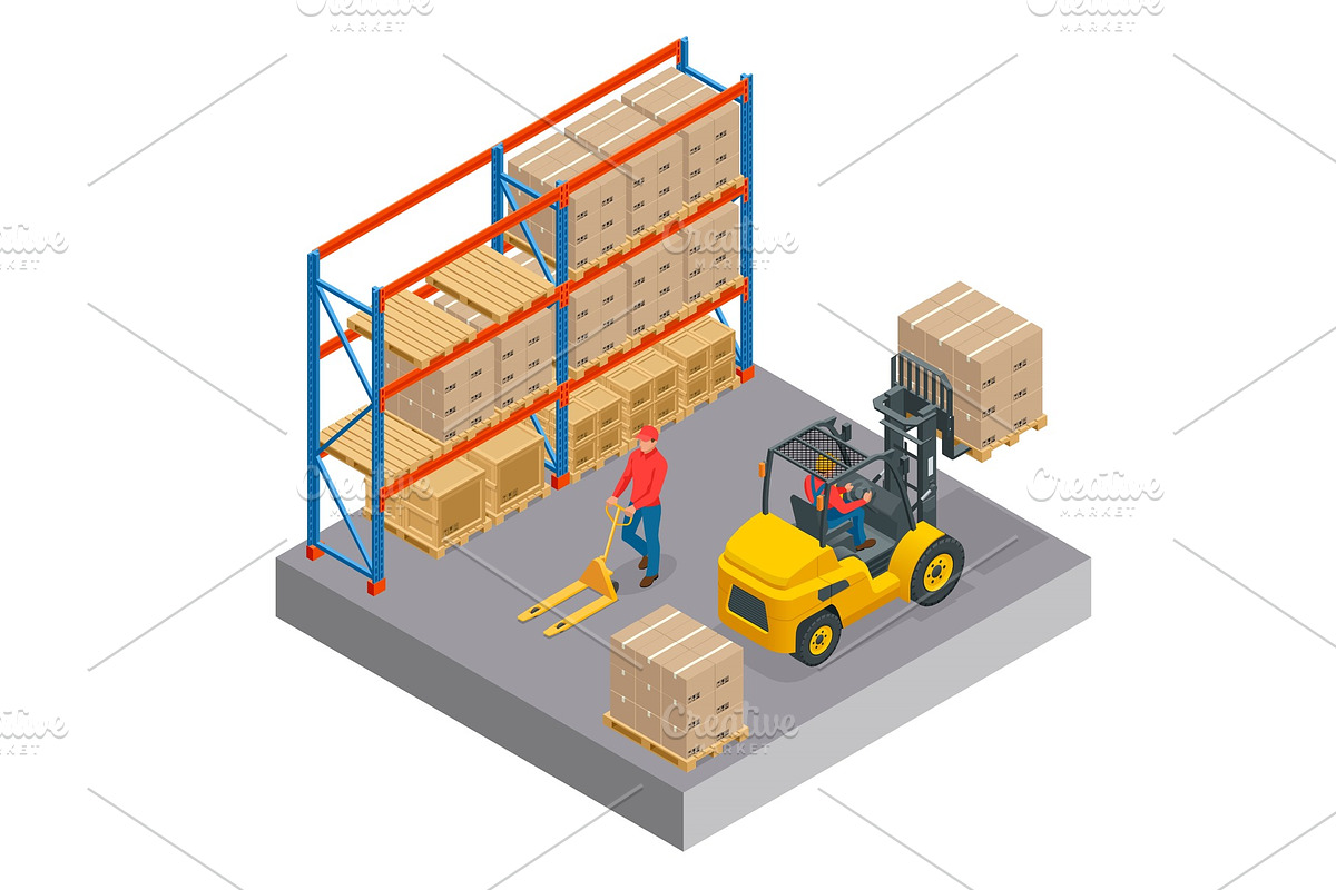 Isometric concept of a warehouse with staff, storage building, shelves with goods, unloading cargo isolated on a white background. in Illustrations - product preview 8
