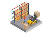 Isometric concept of a warehouse with staff, storage building, shelves with goods, unloading cargo isolated on a white background.