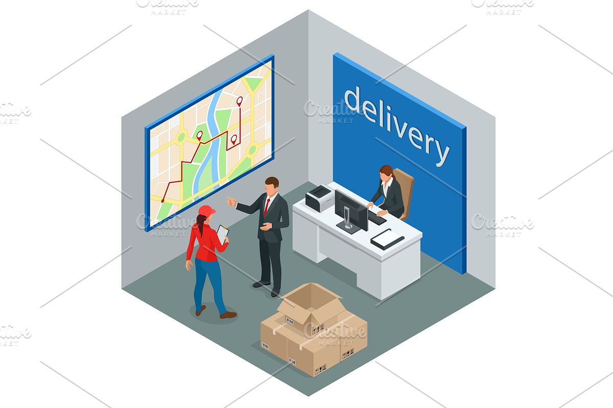 Isometric delivery service or courier service concept. Courier making notes in delivery receipt at table. Vector illustration in Illustrations - product preview 8