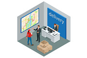 Isometric delivery service or courier service concept. Courier making notes in delivery receipt at table. Vector illustration