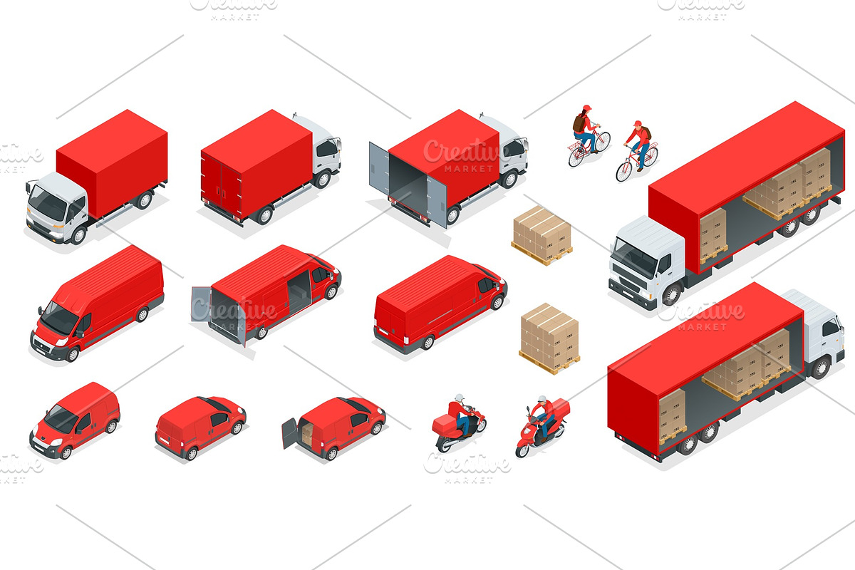 Isometric Logistics icons set of different transportation distribution vehicles, delivery elements. Cargo transport isolated on white background. in Illustrations - product preview 8